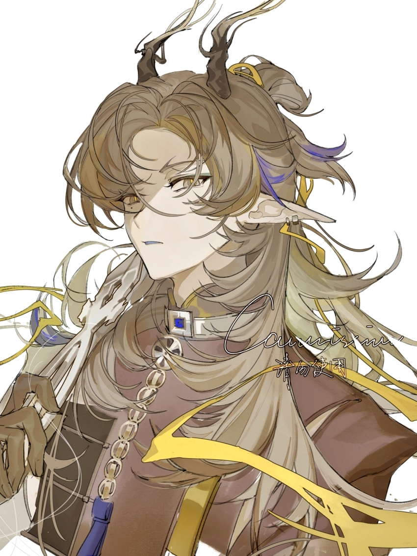 1boy, absurdres, arknights, brown_hair, brown_hands, chinese_commentary, colored_extremities, commentary_request