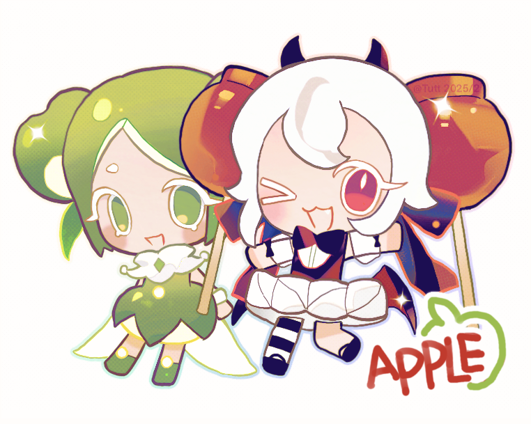 2girls, :d, ;3, ;d, apple_faerie_cookie, apple_hair_ornament, bare_arms, bare_shoulders