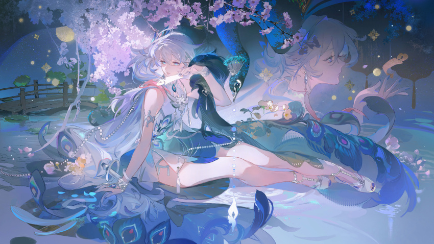 1girl, absurdres, aqua_dress, bare_shoulders, bird, bracelet, bridal_gauntlets, chinese_clothes