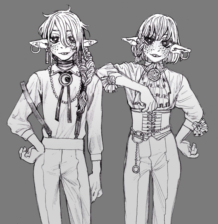 1boy, 1girl, androgynous, ascot, blush, bob_cut, braid, braided_ponytail