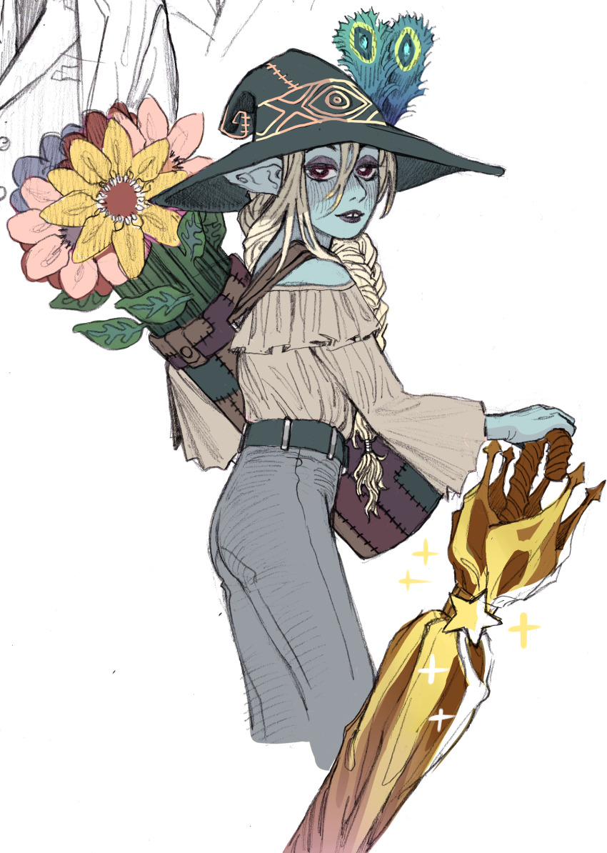 1boy, androgynous, belt, blonde_hair, blue_skin, blush, colored_skin, elf