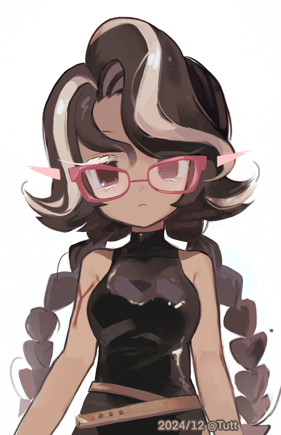 1girl, 2024, :<, arms_at_sides, bare_arms, bare_shoulders, belt, black_shirt, black_skirt, braid, breasts, brown_belt, brown_eyes, brown_hair, chinese_commentary, choco_drizzle_cookie, closed_mouth, colored_eyelashes, commentary_request, cookie_run, cookie_run:_kingdom, curtained_hair, dark-skinned_female, dark_skin, dated, deformed, expressionless, glasses, hair_between_eyes, hair_flaps, highres, humanization, jitome, long_hair, looking_at_viewer, low_twin_braids, medium_breasts, multicolored_hair, multiple_belts, red-framed_eyewear, shirt, side_slit, simple_background, skirt, sleeveless, sleeveless_shirt, sleeveless_turtleneck, solo, straight-on, streaked_hair, tsurime, turtleneck, turtleneck_shirt, tuteo, twin_braids, two-tone_hair, upper_body, very_long_hair, white_background, white_eyelashes, white_hair
