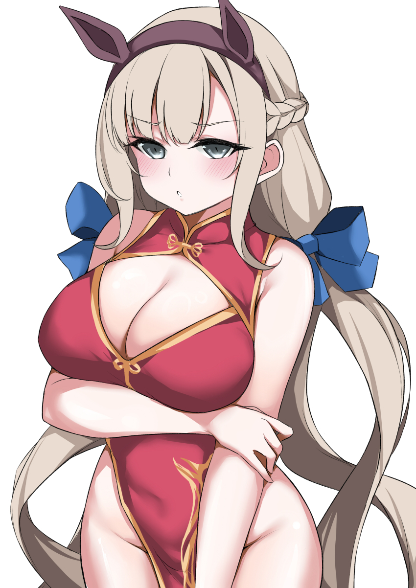 1girl, absurdres, blonde_hair, blue_bow, bow, braid, breasts, china_dress