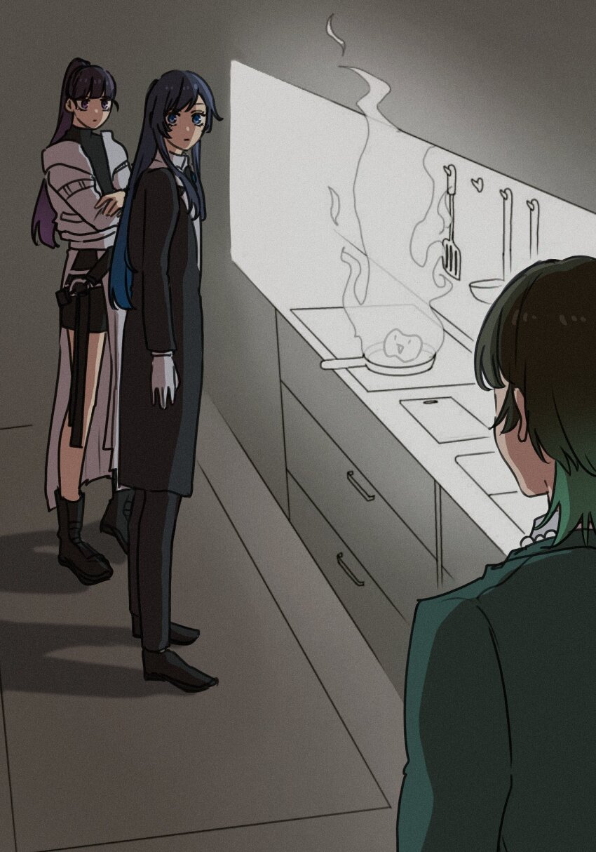 1boy, 2girls, ado_(utaite), black_boots, black_coat, black_pants, black_shirt, blue_eyes