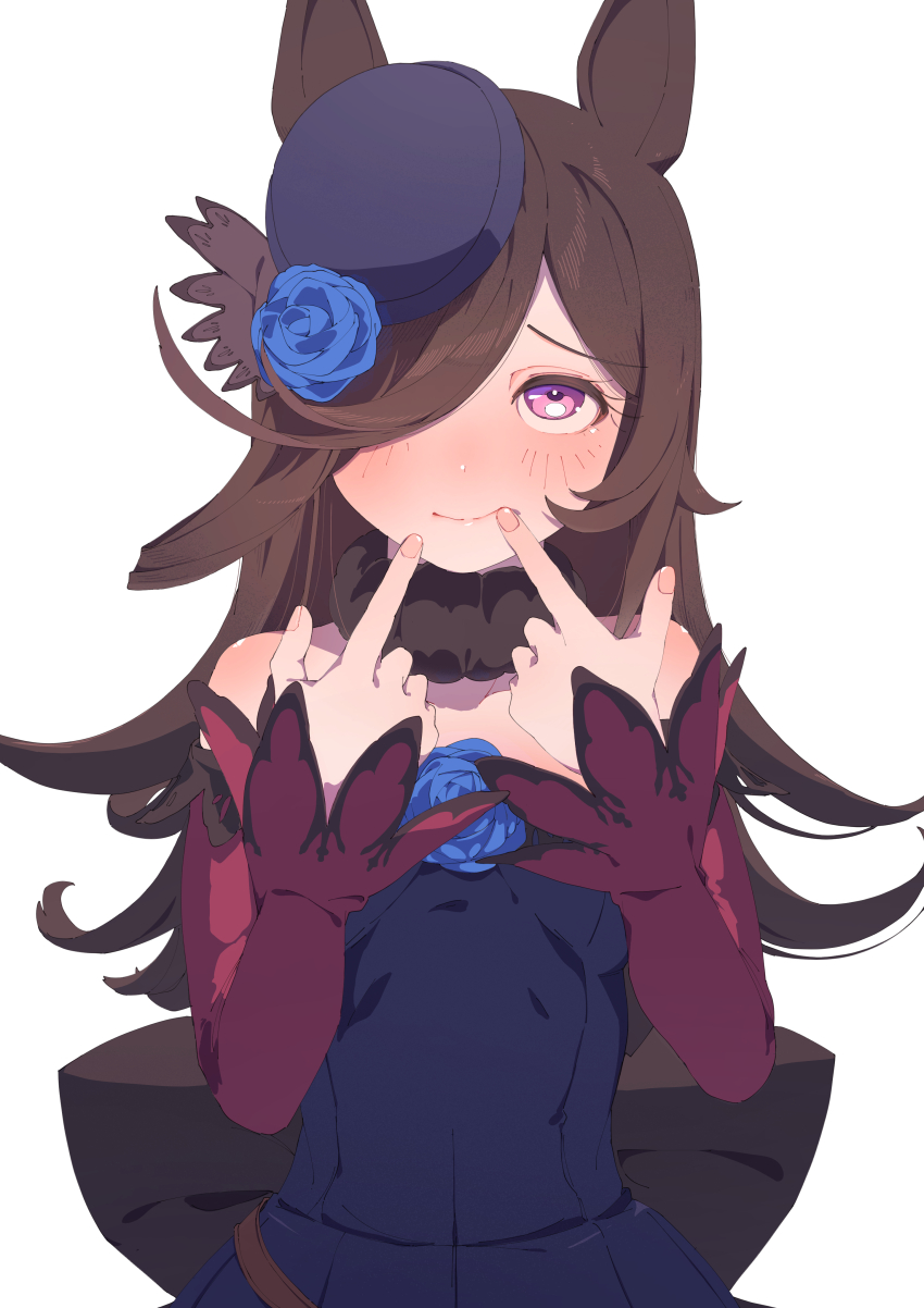 1girl, absurdres, animal_ears, bare_shoulders, blue_dress, blue_flower, blue_hat, blue_rose, breasts, brown_hair, closed_mouth, commentary_request, dice0043, dress, fingersmile, flipped_hair, flower, fur_choker, hair_over_one_eye, hat, hat_flower, highres, horse_ears, horse_girl, long_hair, long_sleeves, looking_at_viewer, off-shoulder_dress, off_shoulder, purple_eyes, rice_shower_(rosy_dreams)_(umamusume), rice_shower_(umamusume), rose, simple_background, small_breasts, smile, solo, tilted_headwear, umamusume, upper_body, white_background