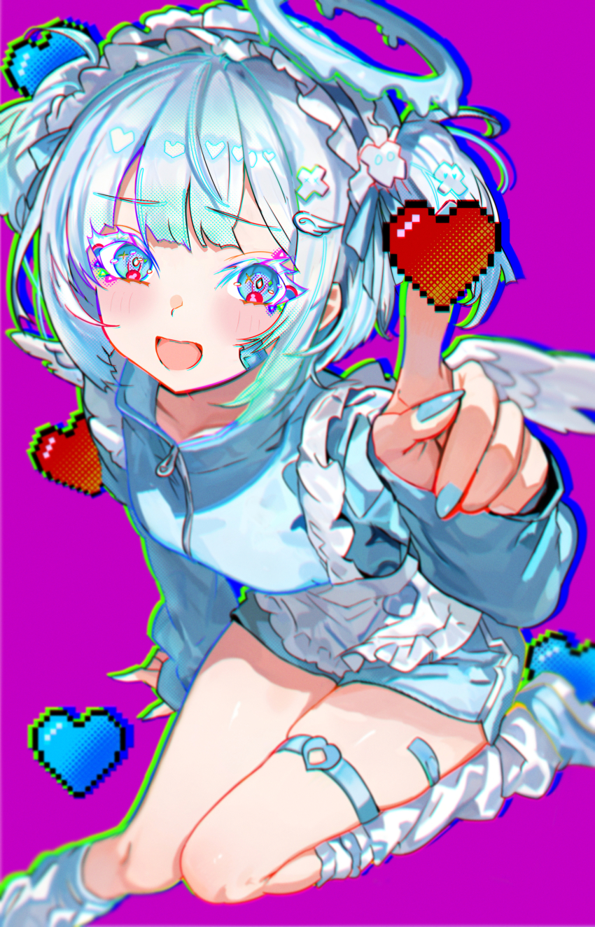 1girl, :d, absurdres, angel, angel_wings, apron, bandaid, bandaid_on_thigh