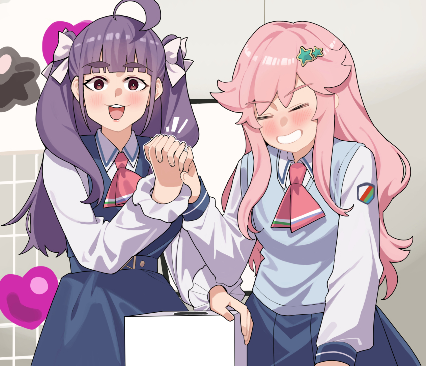 2girls, :3, :d, ahoge, ascot, blue_dress, blue_sweater_vest, blush