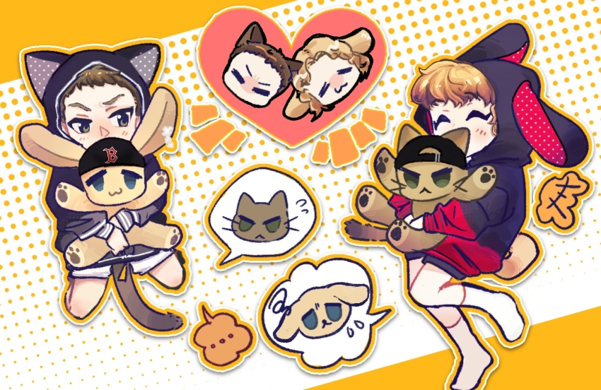 +++, ..., 2boys, :3, ^_^, a1binos1ug, animal_ears, animal_hood, animification, bare_legs, black_jacket, black_shorts, blonde_hair, blush, brown_hair, brown_tail, cat_boy, cat_ears, cat_hood, cat_tail, closed_eyes, commentary_request, curly_hair, deformed, dog_boy, dog_ears, dog_hood, dog_tail, dylan_klebold, eric_harris, full_body, green_eyes, hair_behind_ear, halftone, halftone_background, heart, holding, holding_stuffed_toy, hood, hood_up, hooded_jacket, hugging_object, jacket, kemonomimi_mode, kneehighs, kneeling, knees_together_feet_apart, letterboxed, long_sleeves, male_focus, multicolored_jacket, multiple_boys, no_shoes, orange_background, orange_outline, outline, outside_border, puffy_long_sleeves, puffy_sleeves, raised_eyebrows, real_life, red_jacket, short_hair, shorts, simple_background, socks, spoken_animal, spoken_ellipsis, standing, standing_on_one_leg, stuffed_animal, stuffed_cat, stuffed_dog, stuffed_toy, tail, true_crime, tsurime, two-tone_background, two-tone_jacket, v-shaped_eyebrows, very_short_hair, white_background, white_shorts, white_socks