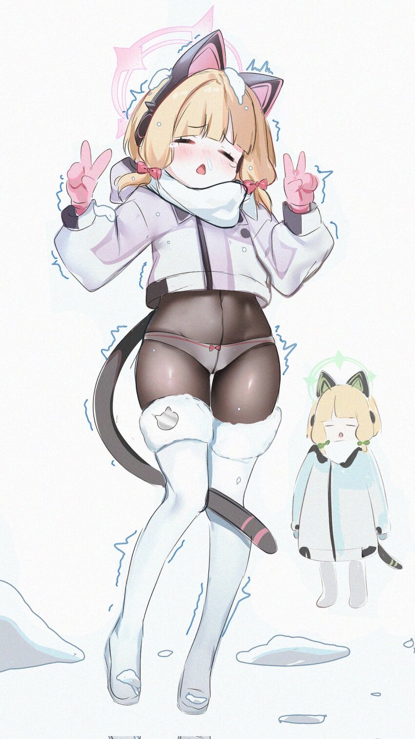 2girls, =_=, animal_ear_headphones, animal_ears, behind_another, between_legs, black_bodystocking, black_pantyhose, black_tail, blonde_hair, blue_archive, blunt_bangs, blush, bodystocking, boots, bow, cat_ear_headphones, cat_ears, cat_tail, chestnut_mouth, closed_eyes, coat, cold, covered_navel, cropped_jacket, crotch_seam, double_v, facing_viewer, fake_animal_ears, fake_tail, film_grain, full_body, fur-trimmed_boots, fur_trim, furrowed_brow, gloves, green_halo, halo, hands_up, hashtag-only_commentary, headphones, highres, hood, hood_up, hooded_jacket, jacket, long_sleeves, low-tied_sidelocks, maru_ccy, medium_hair, midori_(blue_archive), midori_(winter)_(blue_archive), momoi_(blue_archive), momoi_(winter)_(blue_archive), multiple_girls, no_pants, nose_blush, open_mouth, panties, panties_under_pantyhose, pantyhose, perspective, pink_bow, pink_gloves, pink_halo, puffy_long_sleeves, puffy_sleeves, raised_inner_eyebrows, scarf, shiny_clothes, shiny_legwear, siblings, sidelocks, simple_background, sisters, sleeve_cuffs, snot, snow, snow_on_head, standing, stomach, tail, tail_between_legs, tears, thigh_boots, trembling, twins, underwear, v, w_arms, white_background, white_boots, white_coat, white_jacket, white_panties, white_scarf, winter, winter_clothes, winter_coat