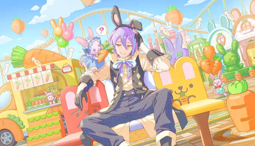 >_<, 1boy, 3others, ?, amusement_park, animal-shaped_balloon, animal_ears, animal_nose