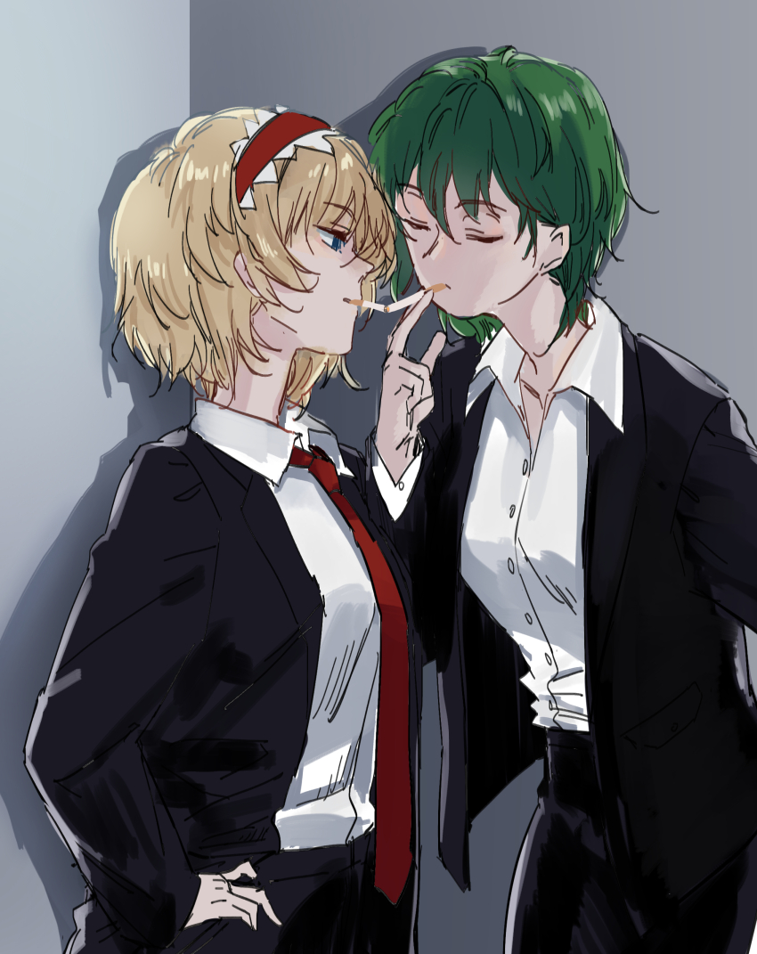 2girls, absurdres, alice_margatroid, alternate_costume, black_jacket, black_pants, blonde_hair, blue_eyes, breasts, cigarette, closed_eyes, collarbone, commentary_request, frilled_hairband, frills, green_hair, grey_background, hair_between_eyes, hairband, hand_on_own_thigh, highres, indis, jacket, large_breasts, long_sleeves, medium_hair, multiple_girls, mutual_cigarette_lighting, necktie, office_lady, pants, red_hairband, red_necktie, shirt, simple_background, touhou, white_shirt, yuri