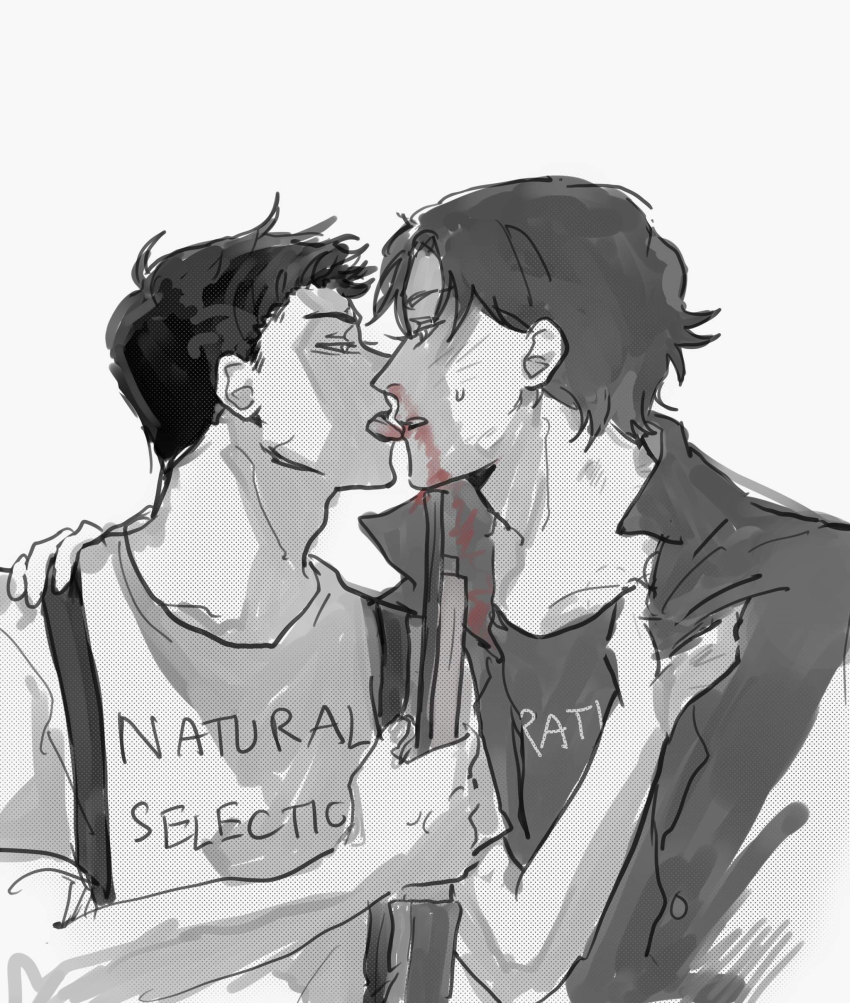 2boys, absurdres, adam's_apple, anger_vein, animification, at_gunpoint, backlighting, bare_arms, blood, blood_on_clothes, blood_on_face, clenched_teeth, clothes_writing, coat, collarbone, collared_coat, commentary, dylan_klebold, english_commentary, english_text, eric_harris, eye_contact, face-to-face, fanku, grey_background, greyscale, gun, hair_behind_ear, half-closed_eyes, halftone, hand_on_another's_shoulder, hands_up, highres, holding, holding_gun, holding_weapon, licking, licking_another's_face, licking_another's_lips, looking_at_another, male_focus, monochrome, multiple_boys, nosebleed, open_clothes, open_coat, profile, pulling_another's_clothes, real_life, shirt, short_hair, short_sleeves, shotgun, sideways_mouth, simple_background, sketch, spot_color, suspenders, t-shirt, teeth, thick_eyebrows, tongue, tongue_out, trench_coat, true_crime, v-shaped_eyebrows, very_short_hair, weapon, yaoi