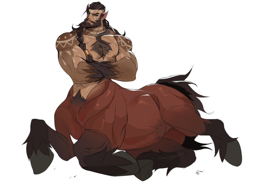 1boy, abs, afk_(series), afk_journey, annoyed, bara, braid, commentary