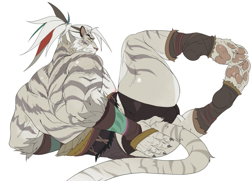1boy, afk_(series), afk_journey, animal_ears, ass, bara, black_male_underwear, claws, commentary, from_behind, furry, furry_male, highres, kantocryz, kordan_(afk), leg_lift, looking_at_viewer, male_focus, male_underwear, muscular, muscular_male, nipples, pawpads, ponytail, tail, tiger_boy, tiger_ears, tiger_stripes, tiger_tail, underwear, white_background