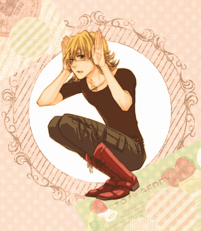 10s, 1boy, akixx, animal_ears, bad_id, bad_pixiv_id, barnaby_brooks_jr., blonde_hair, boots, glasses, green_eyes, jewelry, male_focus, necklace, rabbit_ears, shirt, solo, squatting, t-shirt, tiger_&amp;_bunny