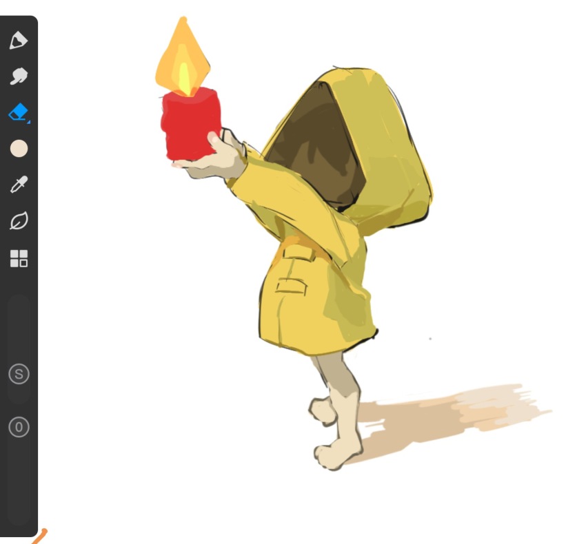 1girl, arms_up, art_program_in_frame, brown_hair, candle, child, commentary, faceless