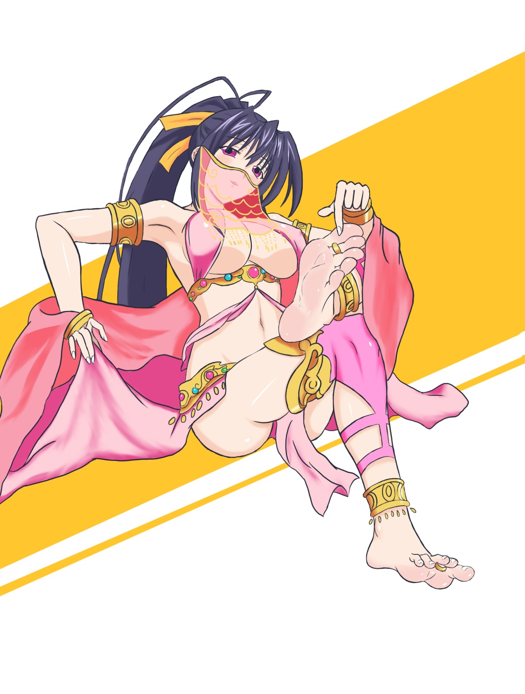 1girl, anklet, antenna_hair, arabian_clothes, armlet, barefoot, black_hair, bracelet, breasts, cleavage, feet, female_focus, foot_focus, hair_ribbon, harem_outfit, high_school_dxd, highres, himejima_akeno, jewelry, large_breasts, long_hair, looking_at_viewer, mouth_veil, navel, parted_lips, pointing, ponytail, purple_eyes, qin_(artist), ribbon, see-through_clothes, see-through_veil, soles, solo, toe_ring, toes, veil, yellow_ribbon