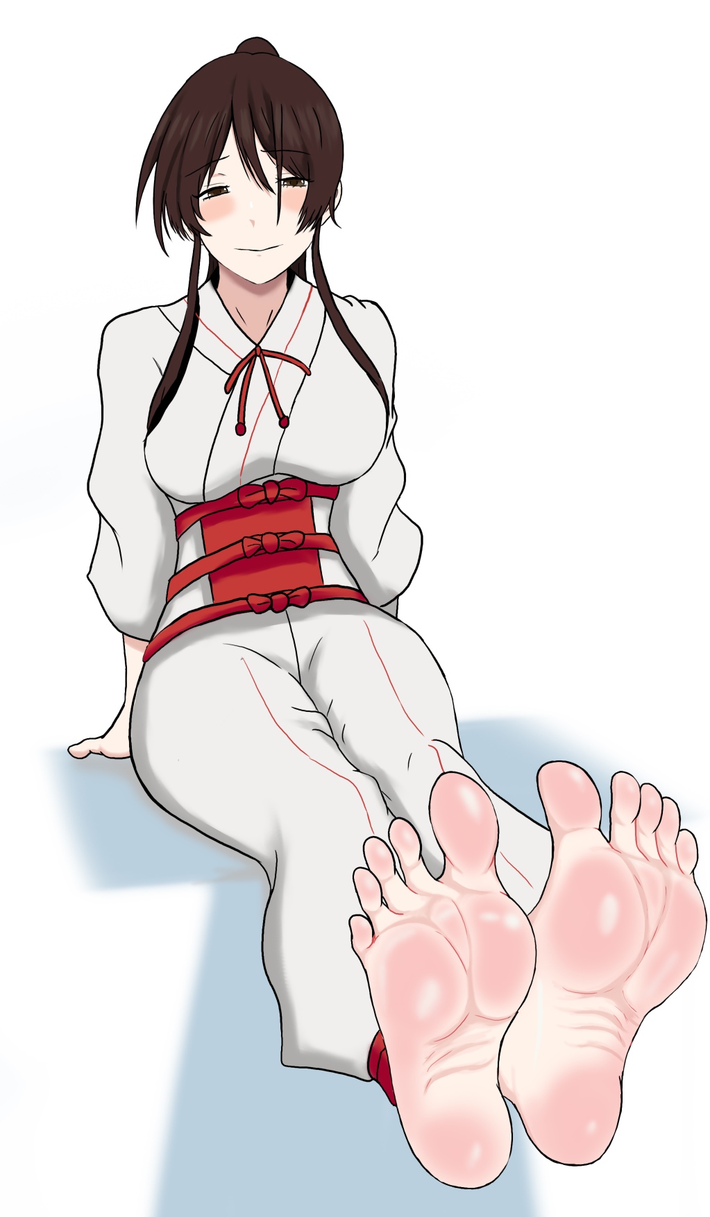 1girl, barefoot, blush, brown_eyes, brown_hair, feet, foot_focus, highres