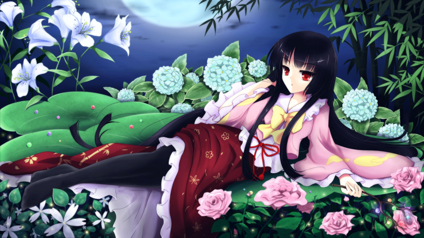 1girl, adjusting_hair, black_hair, branch, female_focus, flan_(zhd91), flower, houraisan_kaguya