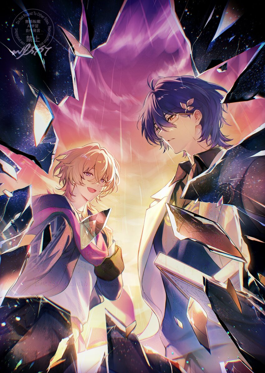 2boys, :d, absurdres, ahoge, aventurine_(honkai:_star_rail), blonde_hair, blue_eyes, broken_glass