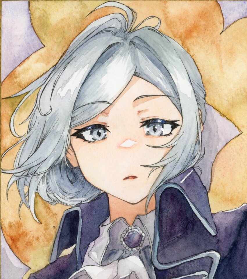 1girl, ascot, black_coat, brooch, coat, commentary_request, grey_eyes, grey_hair