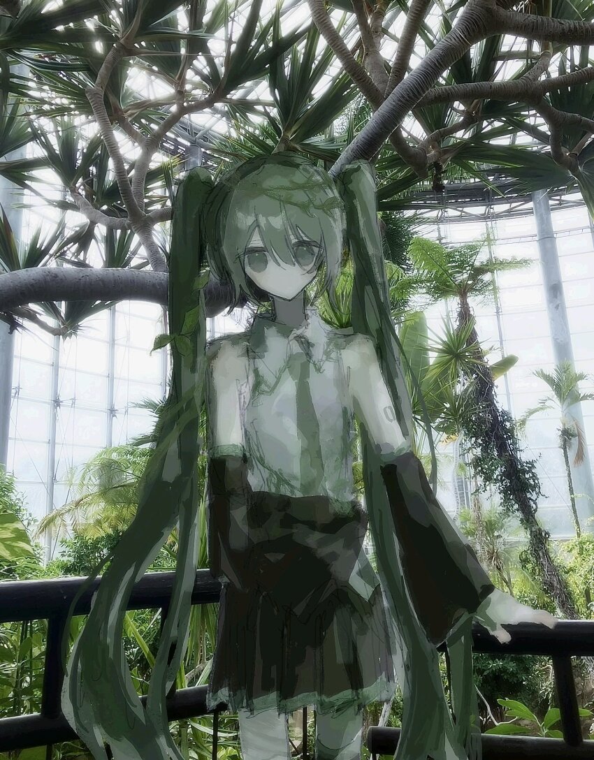 1girl, arm_rest, black_skirt, black_sleeves, bloom, collared_shirt, cowboy_shot, detached_sleeves, green_eyes, green_hair, green_necktie, green_shirt, green_theme, greenhouse, hashtag-only_commentary, hatsune_miku, highres, long_hair, looking_at_viewer, naname_ikou, necktie, no_mouth, number_tattoo, photo_background, pleated_skirt, shirt, skirt, sleeveless, sleeveless_shirt, straight-on, tattoo, tree, twintails, very_long_hair, vocaloid
