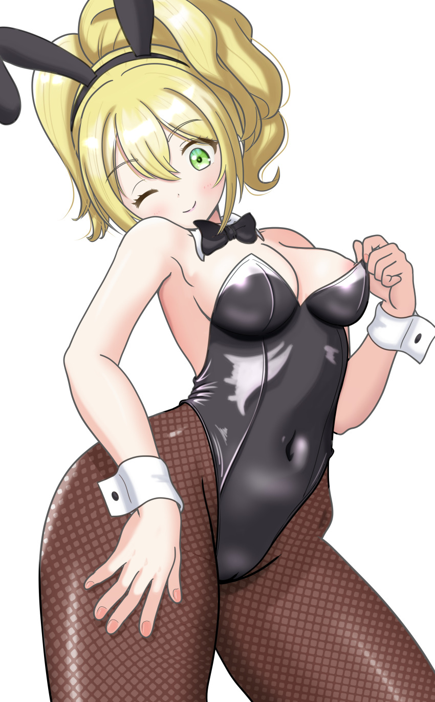 1girl, absurdres, animal_ear_hairband, animal_ears, black_bow, black_bowtie, black_leotard, black_pantyhose, blonde_hair, bow, bowtie, breasts, commentary_request, detached_collar, dragon_quest, dragon_quest_x, eruko_dq10, fake_animal_ears, fishnet_pantyhose, fishnets, green_eyes, hairband, highres, leotard, medium_breasts, one_eye_closed, pantyhose, playboy_bunny, ponytail, rabbit_ears, simple_background, smile, solo, strapless, strapless_leotard, white_background, wrist_cuffs