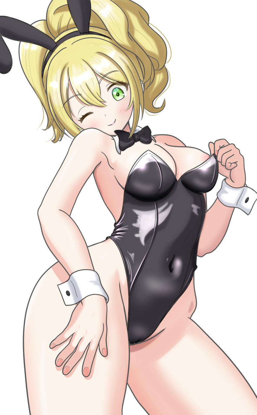 1girl, absurdres, animal_ear_hairband, animal_ears, bare_legs, black_bow, black_bowtie, black_leotard, blonde_hair, bow, bowtie, breasts, commentary_request, detached_collar, dragon_quest, dragon_quest_x, eruko_dq10, fake_animal_ears, green_eyes, hairband, highres, leotard, medium_breasts, one_eye_closed, playboy_bunny, ponytail, rabbit_ears, simple_background, smile, solo, strapless, strapless_leotard, white_background, wrist_cuffs
