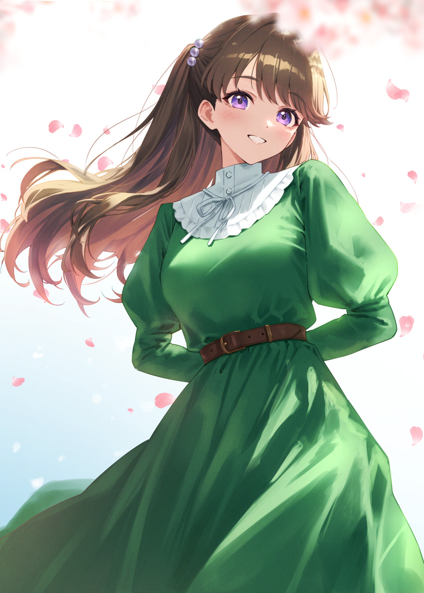 1girl, absurdres, arms_behind_back, blurry, blurry_foreground, breasts, brown_hair, cherry_blossoms