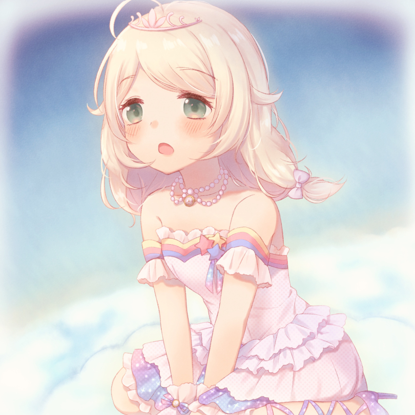 1girl, bare_shoulders, blonde_hair, blush, cinderella_dream_(idolmaster), cloud, commentary_request, dress