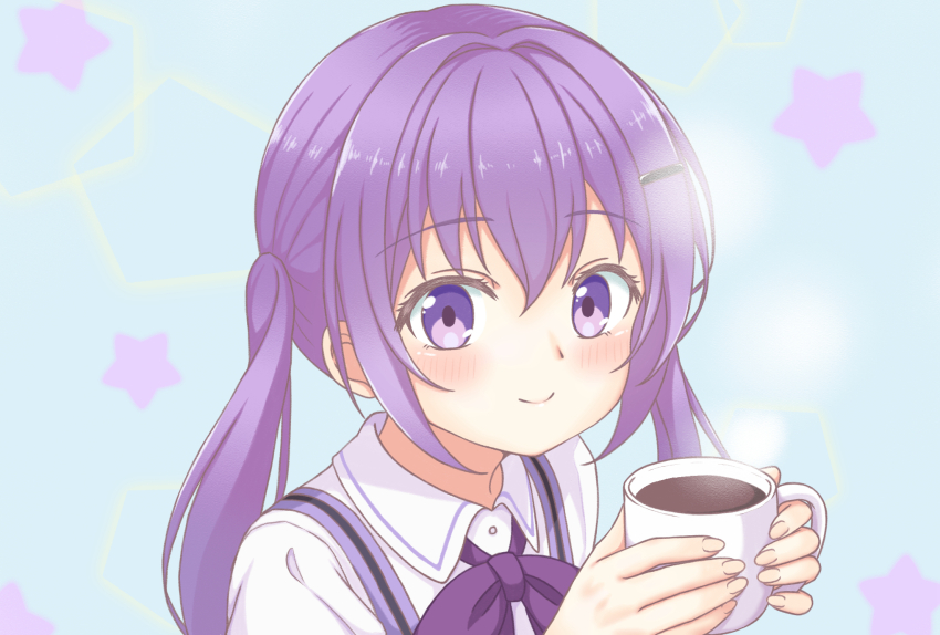 1girl, blush, closed_mouth, coffee, coffee_mug, collared_shirt, commentary_request, cup
