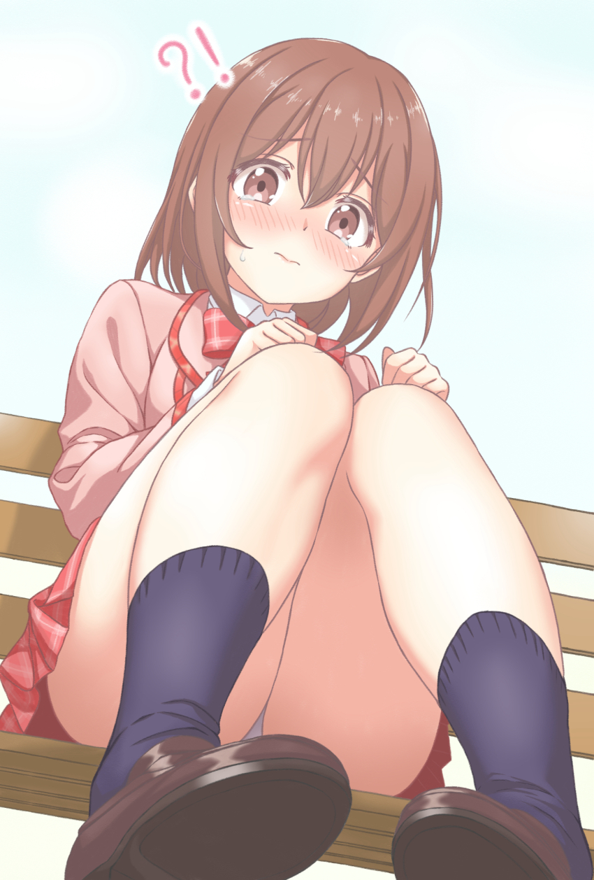 !?, 1girl, bench, black_socks, blazer, blush, bow, bowtie