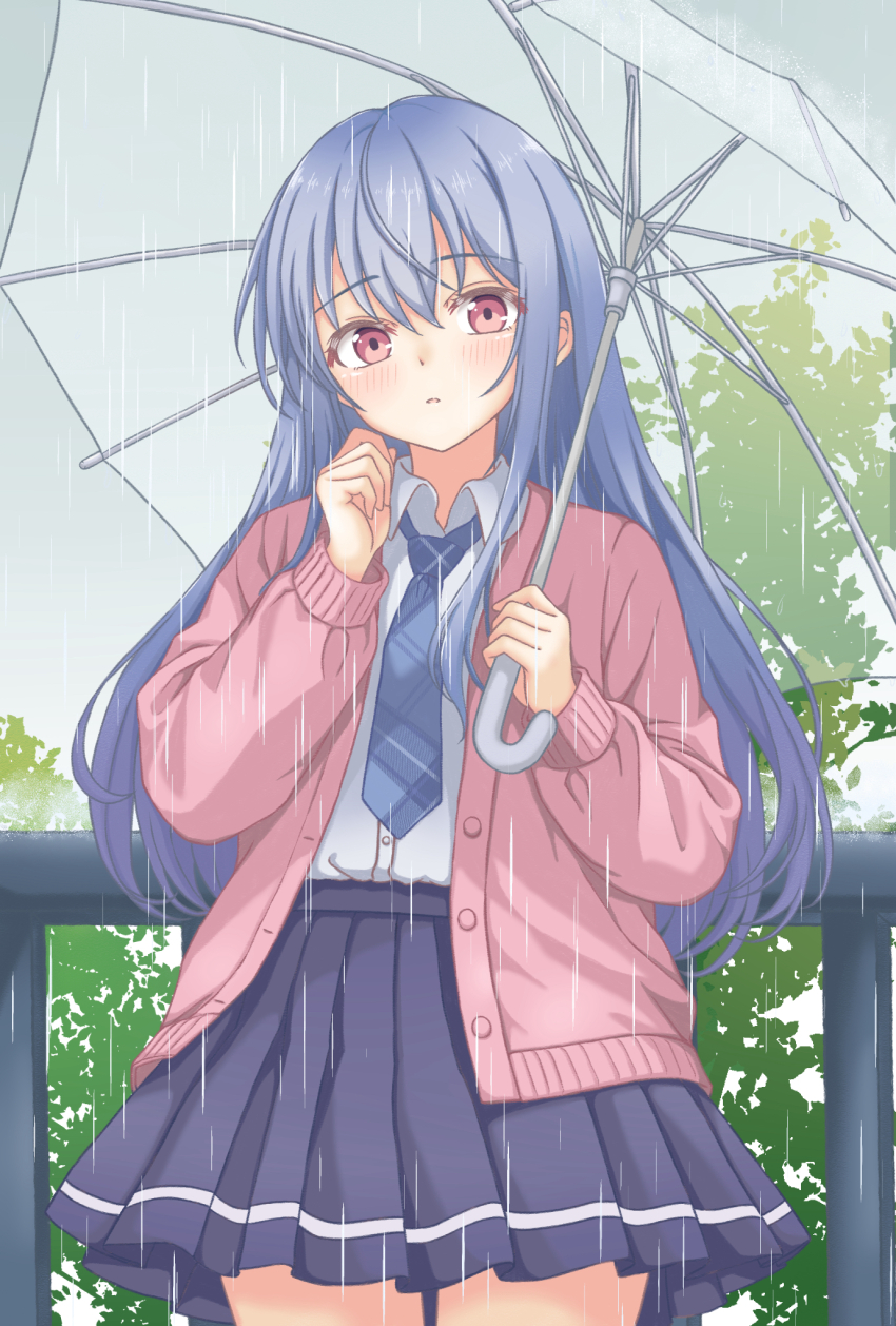 1girl, blue_hair, blue_necktie, blue_skirt, cardigan, collared_shirt, commentary_request, cowboy_shot