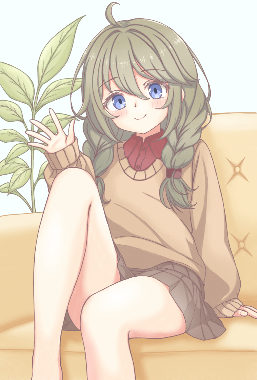 1girl, ahoge, blue_eyes, braid, brown_skirt, brown_sweater, closed_mouth, collared_shirt