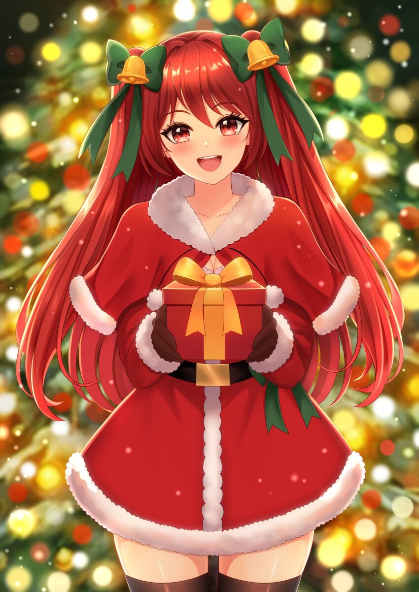 1girl, :d, absurdres, blush, bow, box, christmas, christmas_lights