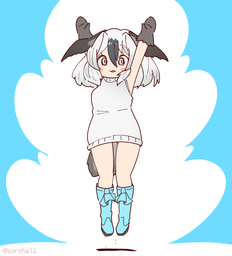 1girl, armpits, arms_up, bird_girl, bird_tail, bird_wings, blue-footed_booby_(kemono_friends), blue_background