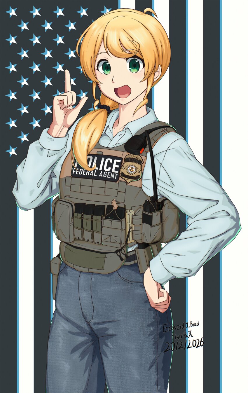 1girl, absurdres, american_flag, american_flag_background, blonde_hair, body_armor, commentary, dated, denim, dress_shirt, edward_y_brad, ellen_baker, english_commentary, green_eyes, highres, jeans, looking_at_viewer, low_ponytail, new_horizon, pants, ponytail, shirt, solo, united_states_immigration_and_customs_enforcement