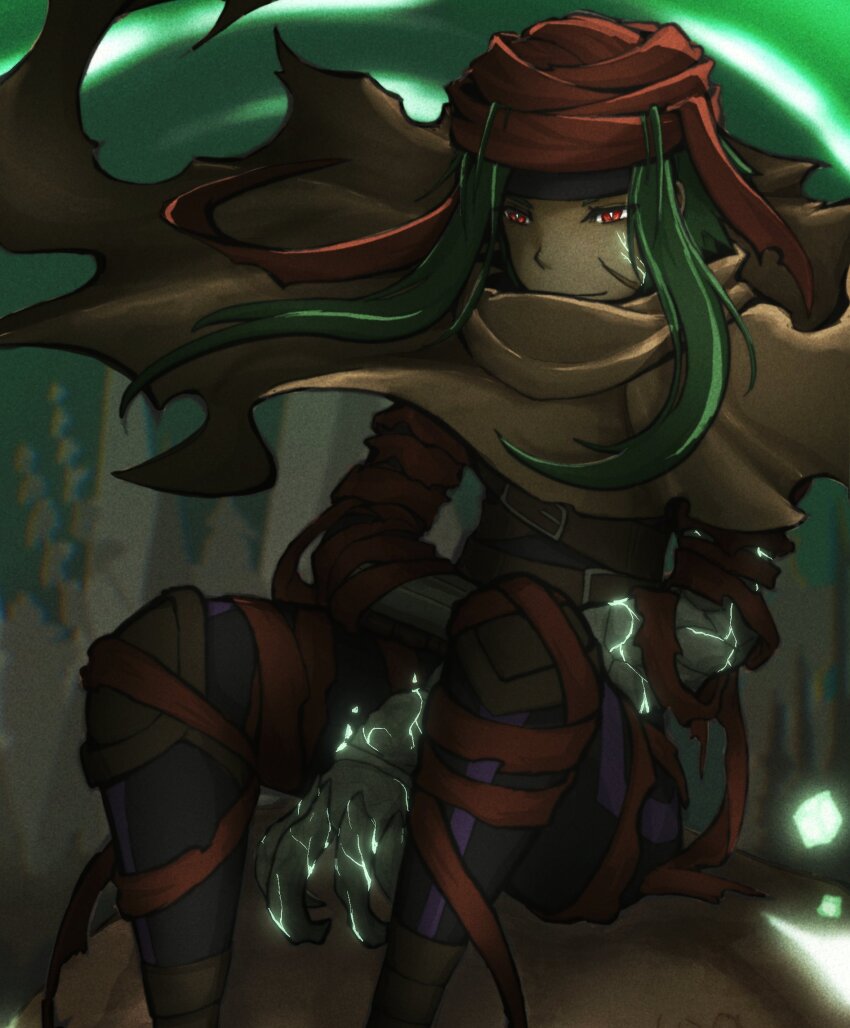 .hack//, .hack//zero, 1boy, arm_wrap, asymmetrical_arms, belt, black_headband, black_pants