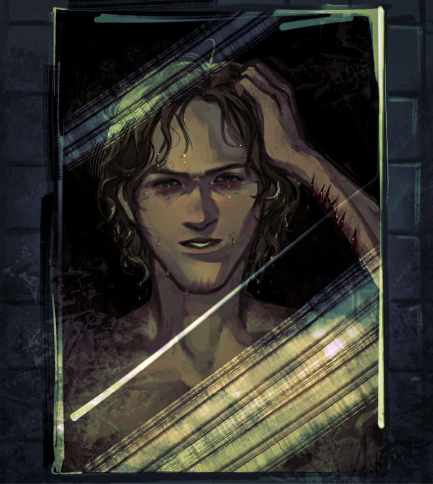 1boy, :d, ahoge, arm_up, black_background, blue_eyes, brown_hair, curly_hair