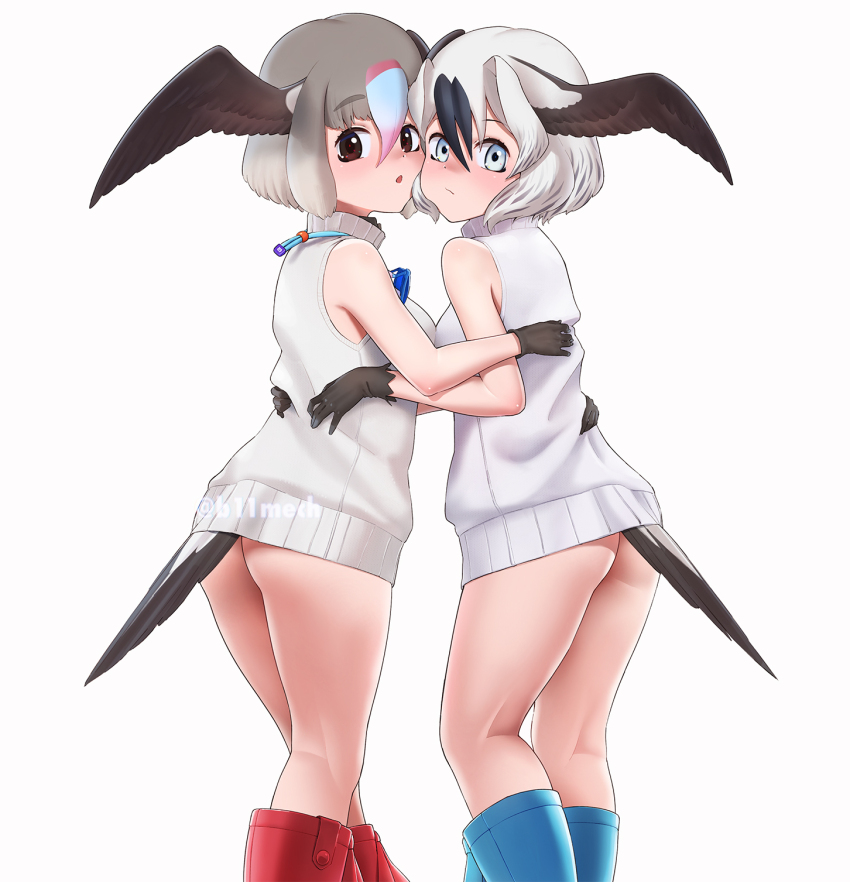 2girls, back, bare_shoulders, beleven, bird_girl, bird_tail, bird_wings, black_eyes, blue-footed_booby_(kemono_friends), blue_eyes, blush, boots, commentary_request, feathered_wings, gloves, grey_hair, head_wings, highres, kemono_friends, looking_at_viewer, looking_back, multiple_girls, red-footed_booby_(kemono_friends), short_hair, simple_background, sleeveless, sweater, tail, wings