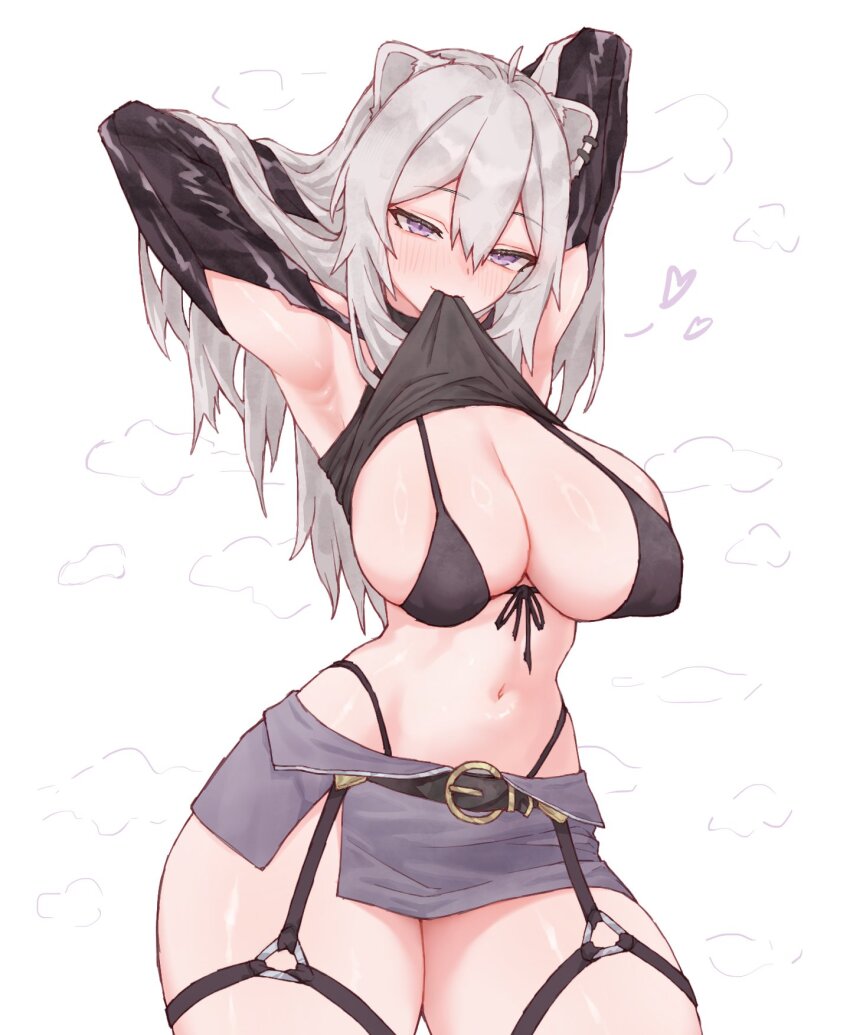 1girl, alternate_costume, animal_ears, armpits, arms_up, belt, bikini, black_bikini, black_shirt, blush, boijfal, breasts, clothes_in_mouth, commentary, covered_erect_nipples, double-parted_bangs, earclip, english_commentary, front-tie_bikini_top, front-tie_top, garter_straps, grey_eyes, grey_hair, hair_between_eyes, heart, highleg, highleg_bikini, highres, hololive, large_breasts, lion_ears, lion_girl, looking_at_viewer, miniskirt, mouth_hold, navel, o-ring, o-ring_thigh_strap, sagging_breasts, shirt, shirt_in_mouth, shishiro_botan, shrug_(clothing), simple_background, skirt, sleeveless, solo, stomach, swimsuit, thigh_strap, thighs, virtual_youtuber, white_background