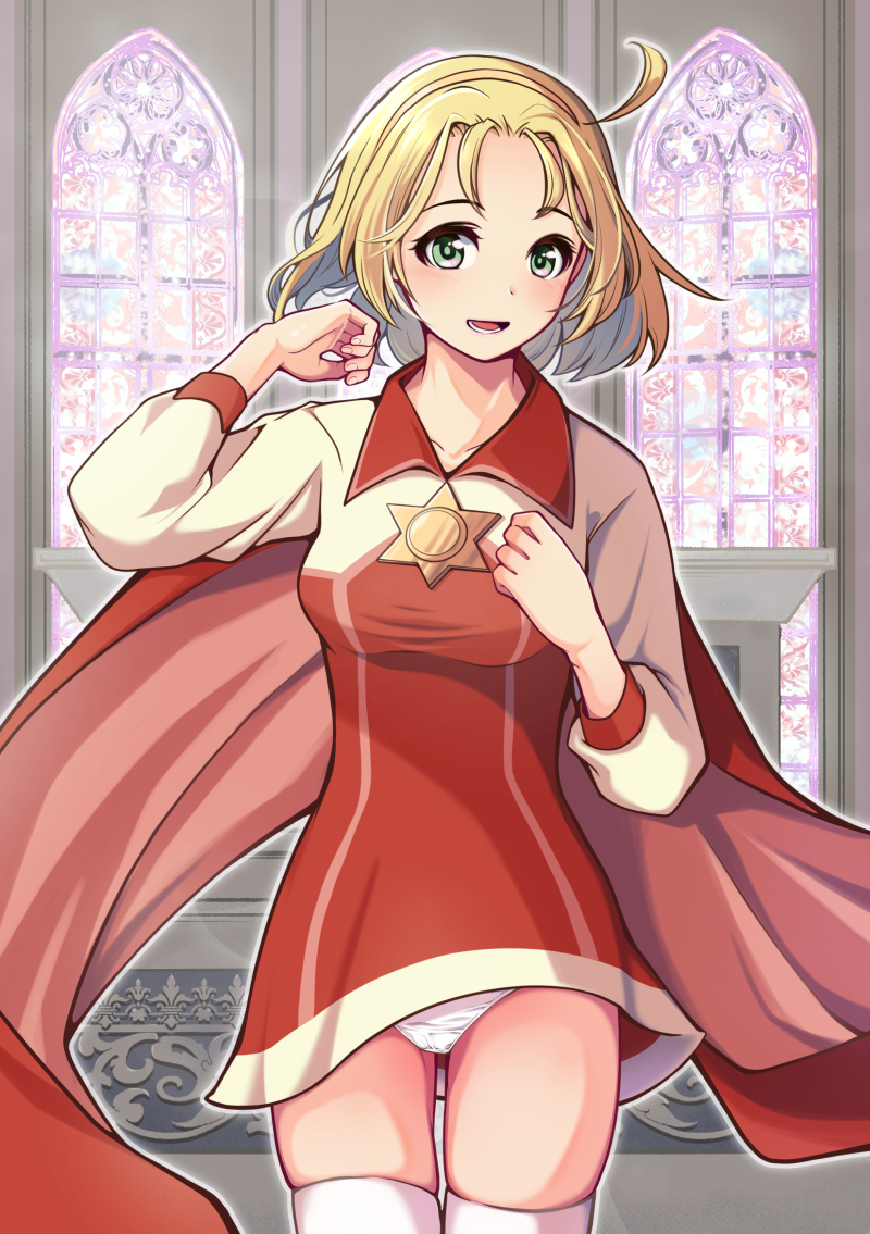 1girl, :d, ahoge, altar, blonde_hair, blush, cape, cecilia_lynne_adelhyde