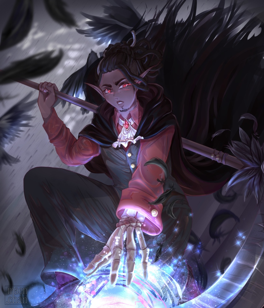 1boy, absurdres, bone, cape, dark-skinned_male, dark_skin, dreadlocks, facial_hair, feathers, goatee, highres, holding, holding_scythe, hood, hooded_cape, kravitz_(the_adventure_zone), lips, long_pointy_ears, maen.chan, male_focus, pointy_ears, red_eyes, scythe, skeleton_hands, the_adventure_zone, vest