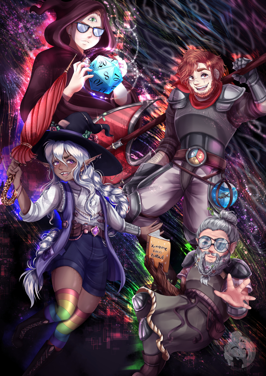 4boys, absurdres, androgynous, angus_mcdonald, armor, axe, beard, cloak, dice, dwarf, elf, facial_hair, fish, griffin_mcelroy, hat, highres, hood, hooded_cloak, long_hair, maen.chan, magnus_burnsides, male_focus, multiple_boys, old, old_man, open_clothes, open_vest, pointy_ears, scar, smile, taako_(the_adventure_zone), teeth, the_adventure_zone, vest, witch_hat