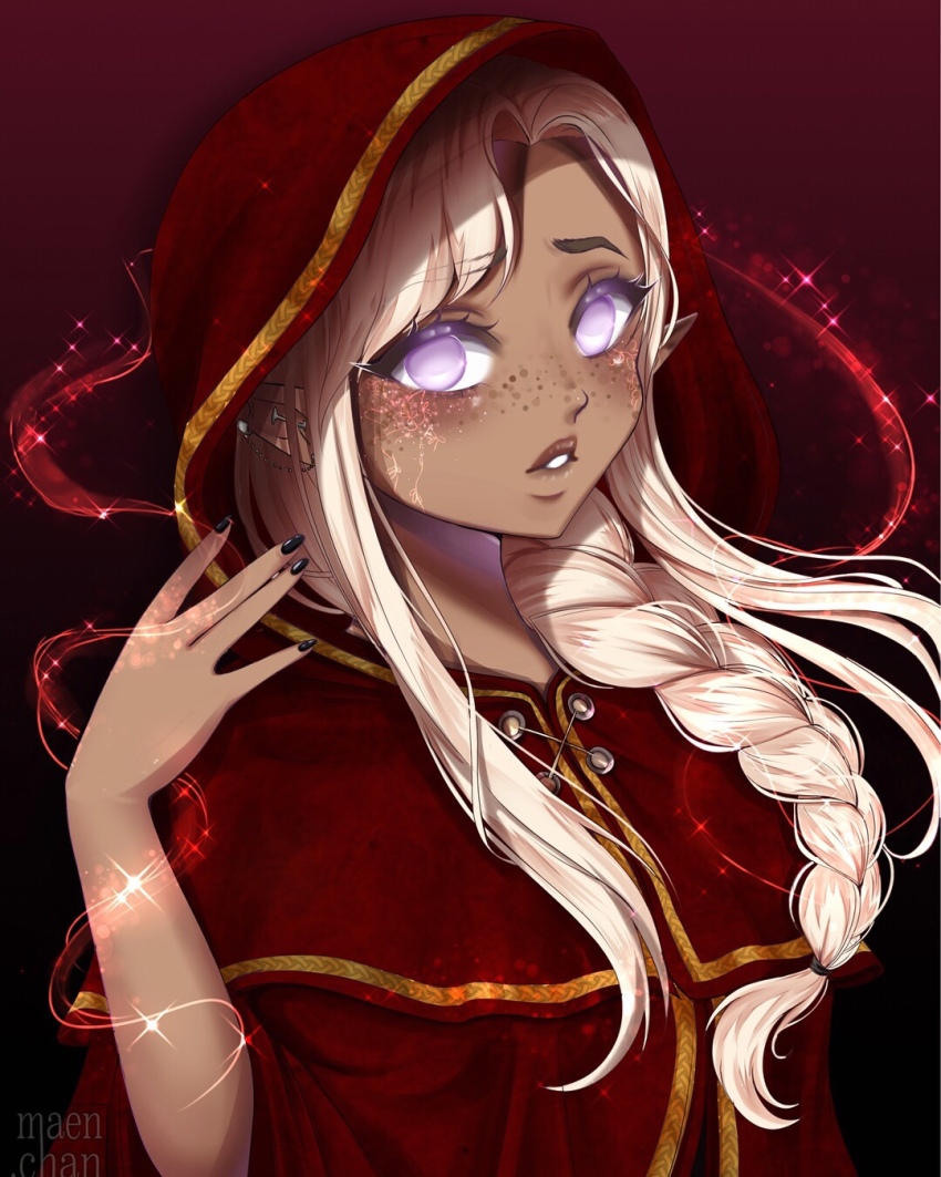 1girl, blonde_hair, blush, cloak, dark-skinned_female, dark_skin, elf, freckles