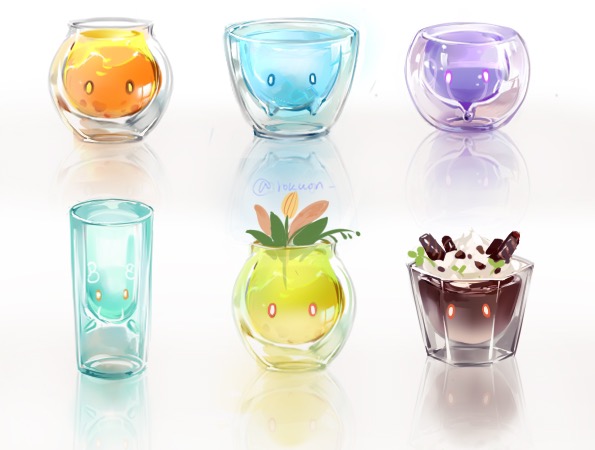 anemo_slime_(genshin_impact), chinese_commentary, commentary_request, cup, dendro_slime_(genshin_impact), electro_slime_(genshin_impact), genshin_impact, geo_slime_(genshin_impact)