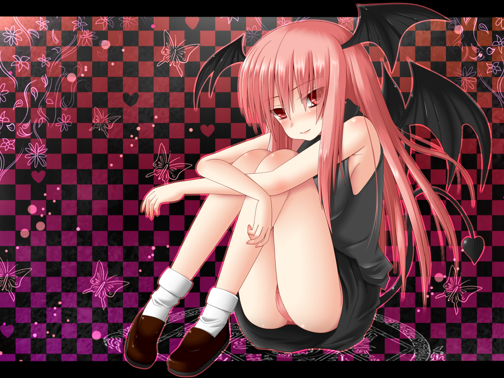 1girl, bare_legs, bat_wings, blush, bug, butterfly, checkered_background, demon_tail