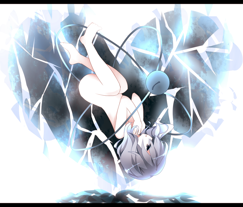 1girl, broken_heart, female_focus, grey_eyes, heart, komeiji_koishi, letterboxed, nekokyu, nude, silver_hair, solo, third_eye, touhou, upside-down, white_background