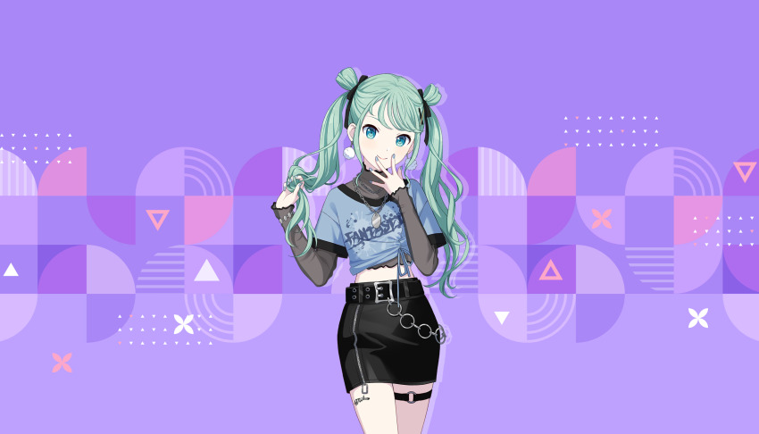 1girl, aqua_eyes, belt, black_belt, black_ribbon, black_skirt, black_trim, blue_nails, blue_shirt, bracelet, bracelet_over_sleeve, chain, chain_necklace, character_name, closed_mouth, clothes_writing, colorful_palette, covered_collarbone, cowboy_shot, cropped_shirt, earrings, english_text, fingernails, game_cg, green_hair, grey_shirt, hair_ribbon, hands_up, hatsune_miku, highres, holding, holding_own_hair, jewelry, layered_sleeves, leg_tattoo, light_blush, long_hair, long_sleeves, looking_at_viewer, midriff_peek, nail_polish, necklace, o-ring, o-ring_thigh_strap, official_alternate_costume, official_art, our_golden_days_(project_sekai), pencil_skirt, pink_background, pom_pom_(clothes), pom_pom_earrings, project_sekai, purple_background, ribbon, see-through_clothes, see-through_sleeves, shirt, short_sleeves, skirt, smile, solo, swept_bangs, tattoo, thigh_strap, third-party_source, tied_shirt, triangle, twintails, two-tone_background, upper_body, vivid_bad_squad_miku, vocaloid, wavy_hair