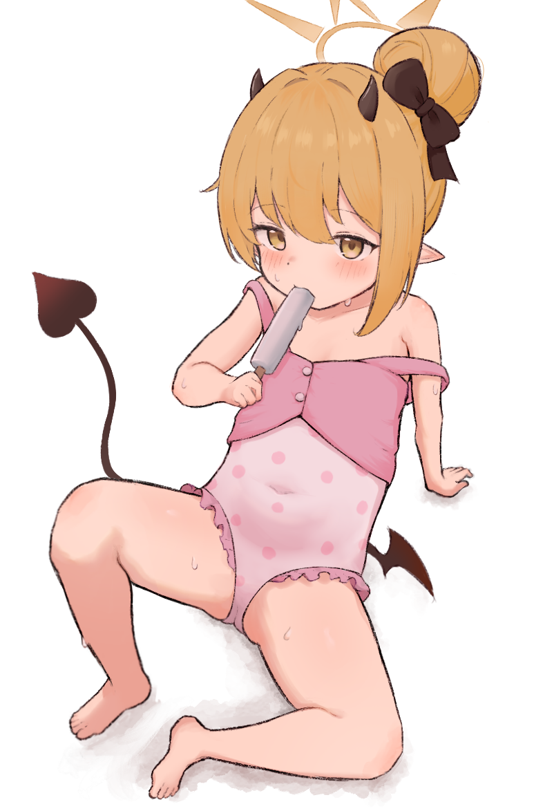 0rg, 1girl, blue_archive, blush, covered_navel, demon_girl, demon_horns, demon_tail, demon_wings, feet, female_focus, food, food_in_mouth, hair_ribbon, halo, horns, ibuki_(blue_archive), loli, one-piece_swimsuit, pointy_ears, popsicle, popsicle_in_mouth, ribbon, simple_background, solo, swimsuit, tail, thighs, toes, white_background, wings, yellow_eyes